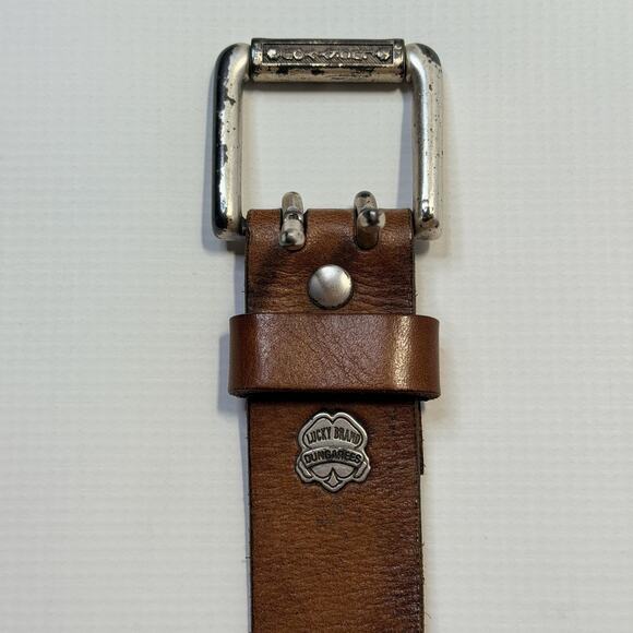 Lucky Brand Dungarees Belt Mens Brown Leather Double Prong Solid Brass Buckle - Picture 5 of 7
